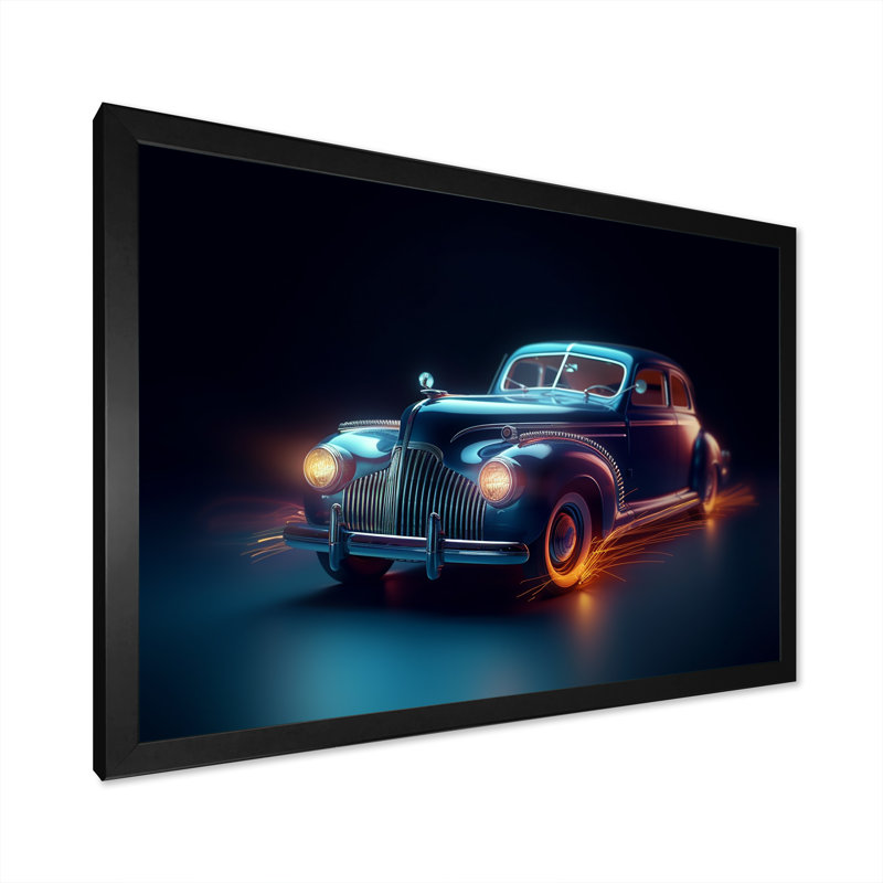 «Neon Light Strips Indigo Vintage Car», reproduction sur toile, Cadre simple noir, H 12 po x l 20 po x P 1 po