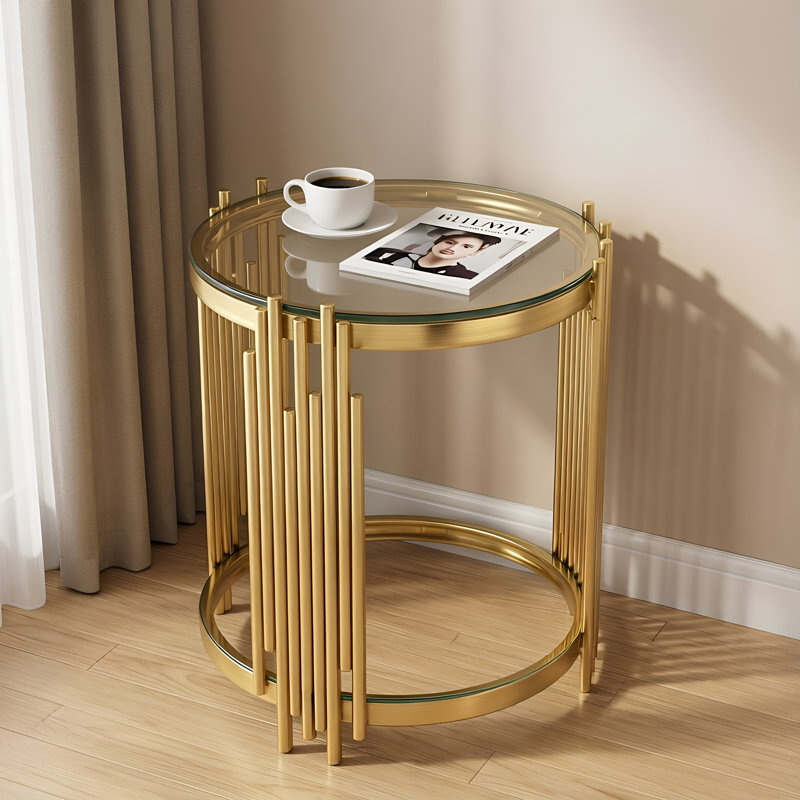 Table de bout ronde 19,7 po à 2 niveaux en verre - table d'appoint de luxe moderne avec structure en acier inoxydable et verre trempé transparent, finition dorée, pour le salon, le bureau à domicile