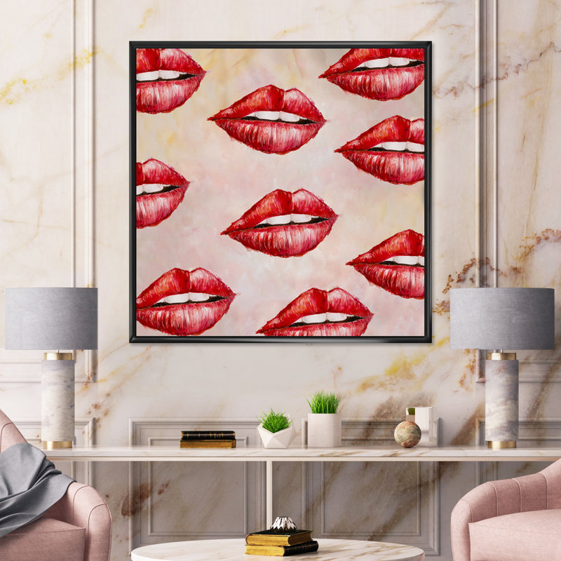 Motif de lèvres rouges - Peinture sur toile, H 36 po x l 36 po x 1,5 po, Cadre flottant noir