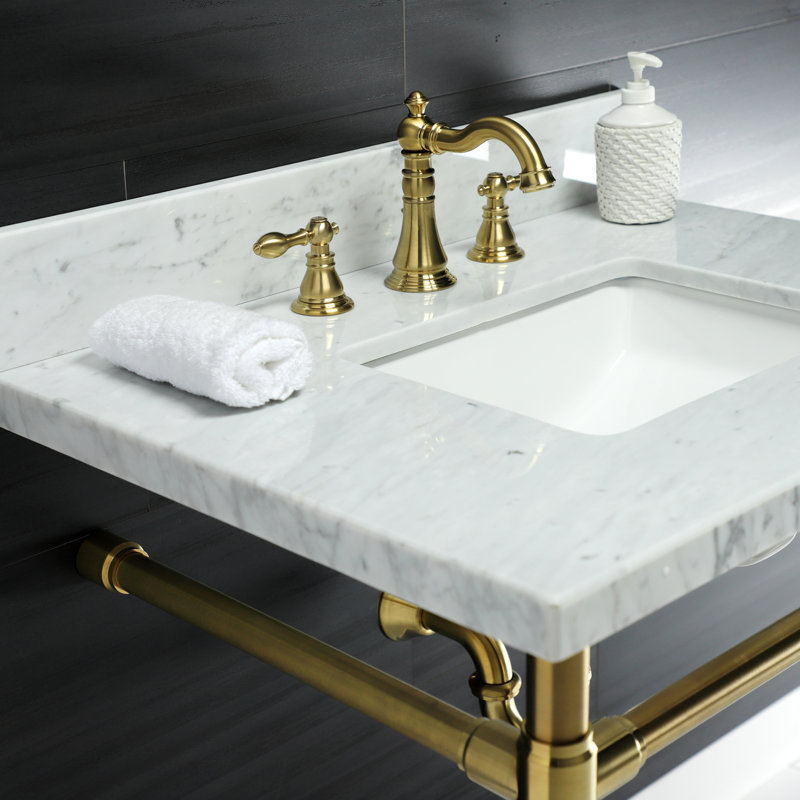 Kingston Brass Dreyfuss 30-Inch Carrara Marble Vanity Top with Stainless Steel Legs (8-Inch, 3-Hole), Brushed Brass