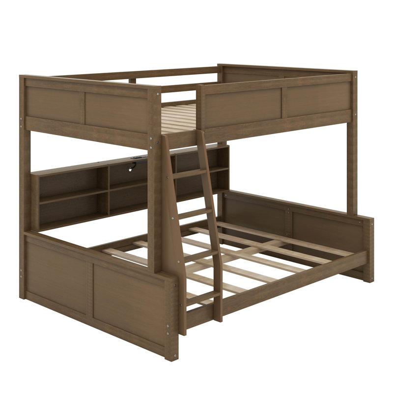 Bunk Bed With Storage Cabinets And USB Ports, Antique Wood Color, Full XL over Queen