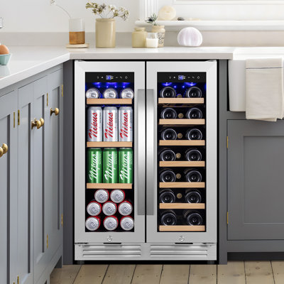 24 in. Dual Zone Beverage & Wine Refrigerator, Holds 20 Bottles and 65 Cans, Freestanding or Built-In Cooler with Adjustable Shelves, LED Light, Dual Door Handles – Classic Series