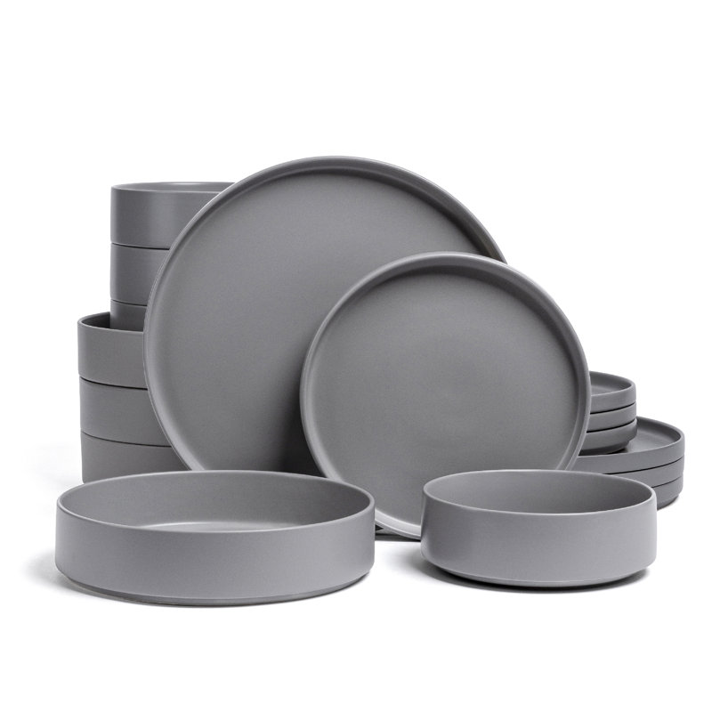 over&back Stackable 16-Piece Semi Hand-Finished Stoneware Dinnerware Set, Charcoal