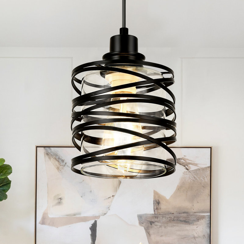Levona 1 - Light 6.29" Wide Pendant Light with Cylinder Glass Shade for Kitchen Island, Black, Clear