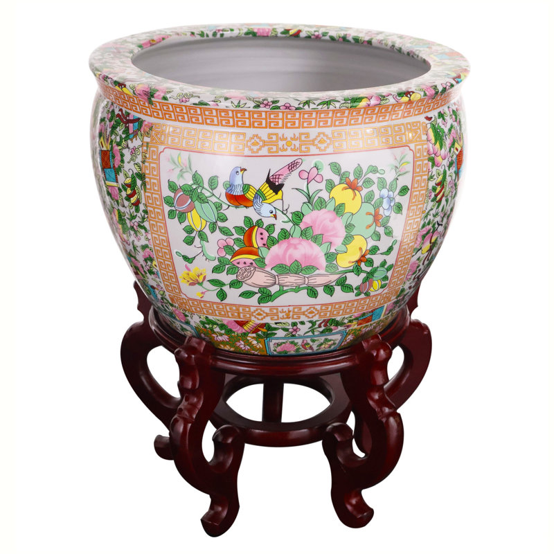Floral Asian Design Cachepot Planter with Rose Medallion Painting, 9" H x 12" W x 12" D
