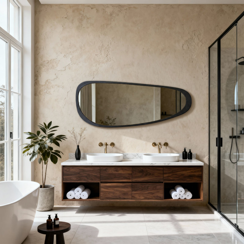 Miroir mural décoratif asymétrique, cadre en bois massif - Miroir Boho moderne pour vestibule ou meuble-lavabo, Noir mat