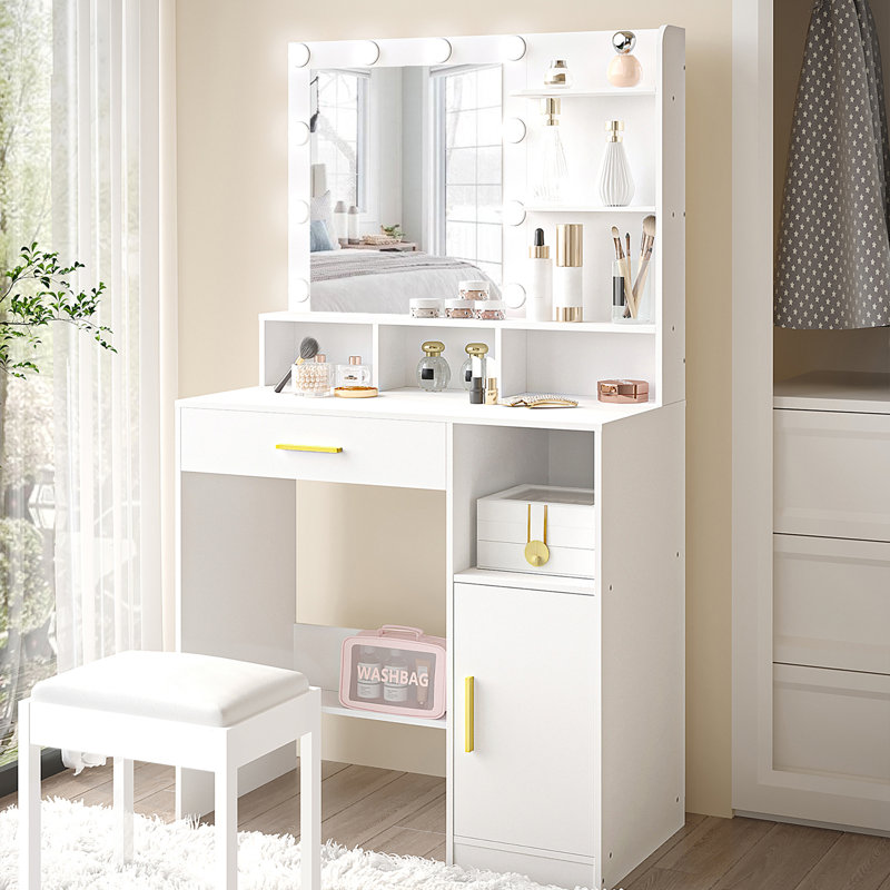 Bureau de coiffeuse avec miroir et 10 lumières DEL, coiffeuse de maquillage avec 3 tablettes et 4 compartiments ouverts, coiffeuse avec grand tiroir et armoire, 3 luminaires réglables, blanc