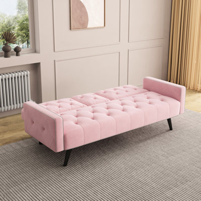 Lit 2 places en velours rose de 72 pouces avec porte-gobelets et garniture cloutée, convient à différentes pièces, mousse haute élasticité, option de réglage à trois positions pour un assemblage facile, structure, sièges moelleux