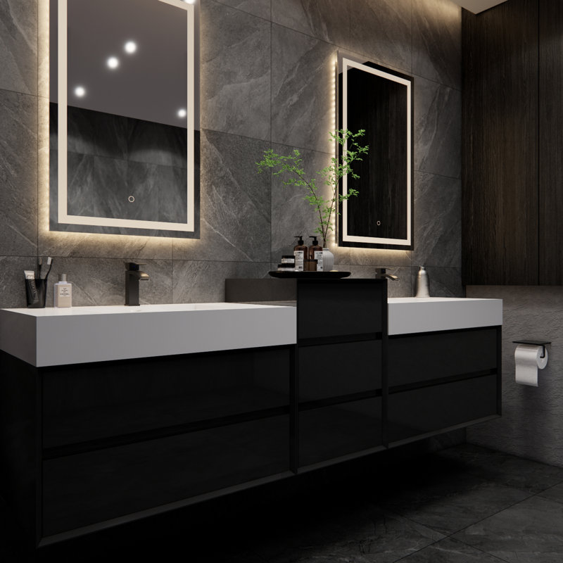 Albizu 67" Wall-Mounted Double Bathroom Vanity, Black