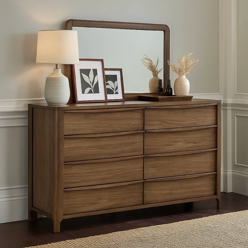 Commode large avec miroir, 8 tiroirs, brun noyer, coins arrondis Rie