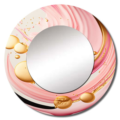 Penansky Pink And Gold Abstract Circles II - Abstract Spirals Unique Wall Mirror Decor, Modern Large Round Mirror, Printed Metal Art