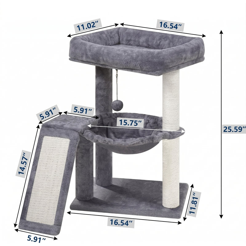 Arbre à chat avec poteau à griffer et tableau, boules de jouets ludiques, hamac confortable, pour chats d'intérieur, gris