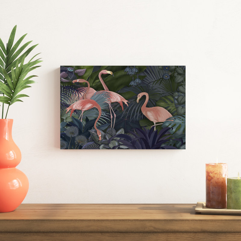 Flamants dans un jardin bleu, H 12 po x l 18 po x l 1 po
