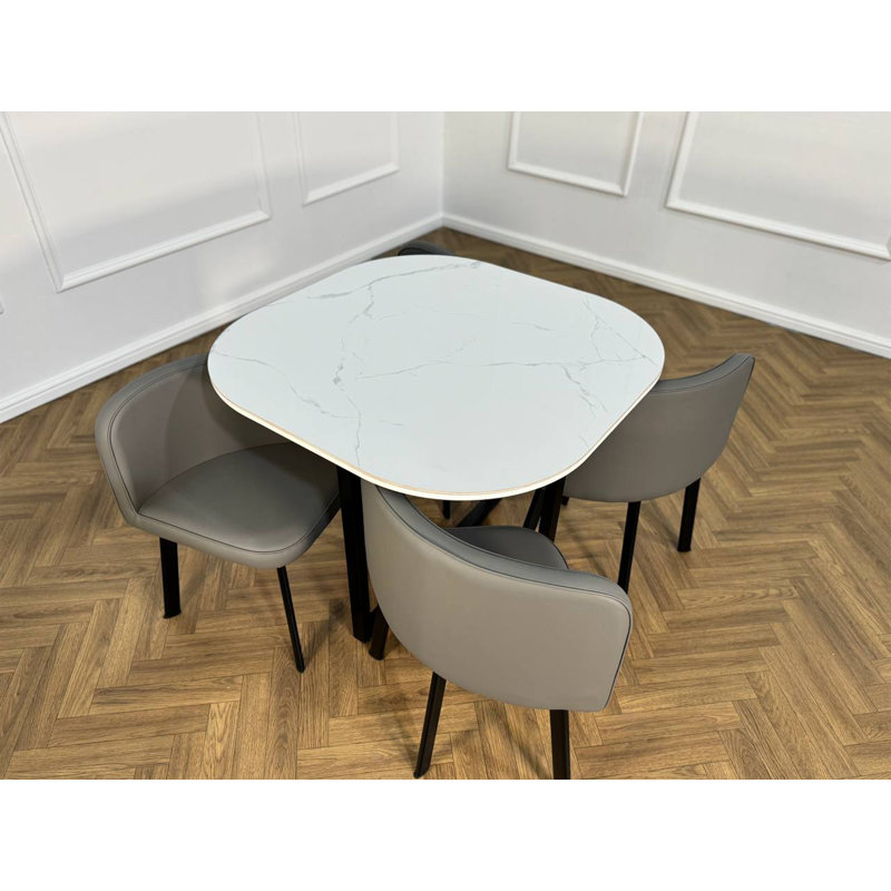 Oliver 4-Seater Square Dining Table Set – White Marble-Effect Sintered Stone Top with Grey Chairs