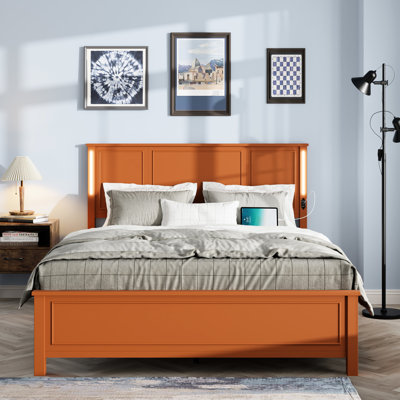 Queen Bed Frame In Brown With Firm Wood Headboard And , Charging Station, Led Lights, 12 Support, No Box Spring Required Size Headboard, Station 12 Slats, Spring, Antique