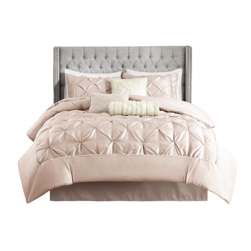 Édredon 7 pièces Blush King - délicate broderie, 2 taies décoratives, 3 coussins, 1 jupe de lit lavable à la machine