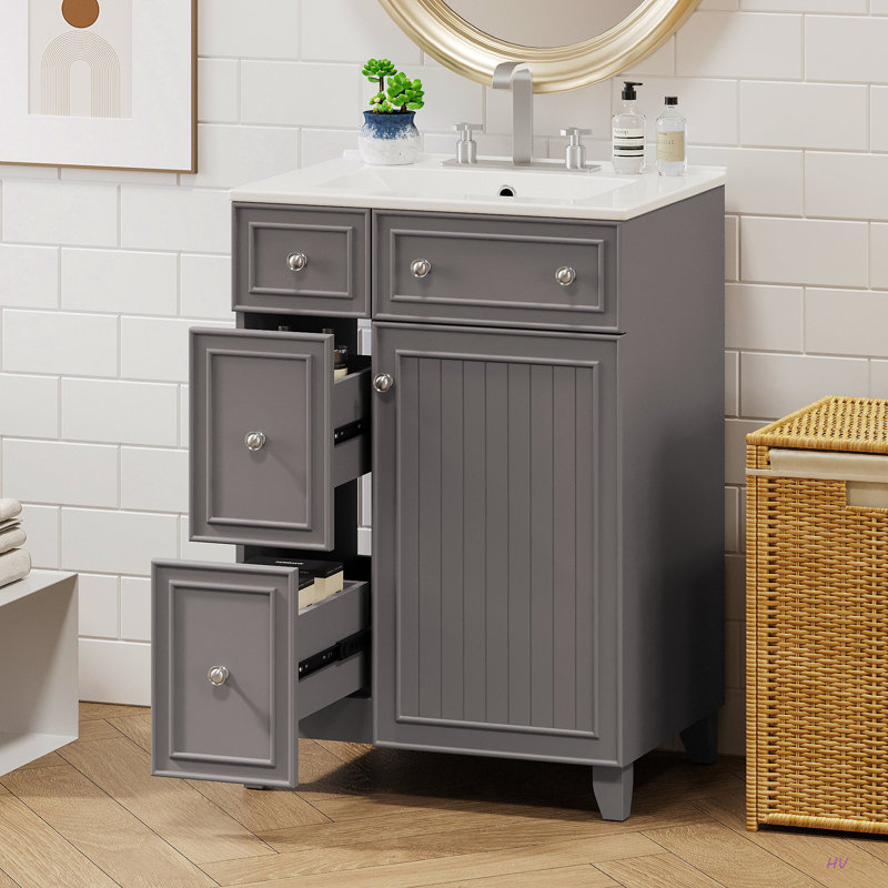 Meuble-lavabo 24 po avec lavabo en céramique, 2 tiroirs, 1 porte à fermeture en douceur, Gris/argent