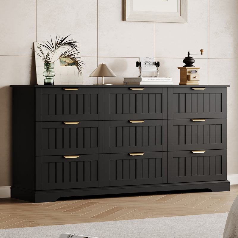 Commode 9 tiroirs, commode moderne l 63 po avec poignée en métal, Black