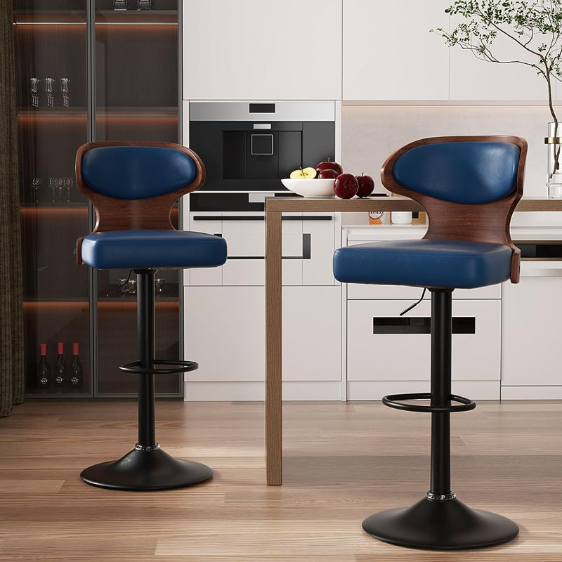 Olivetti Modern Swivel Bar Stools with Backrest – Pet-Friendly PU Leather Seat & Curved Walnut Wood, Height Adjustable Counter Chairs with Footrest and Matte Black Base for Kitchen Island or Home Bar