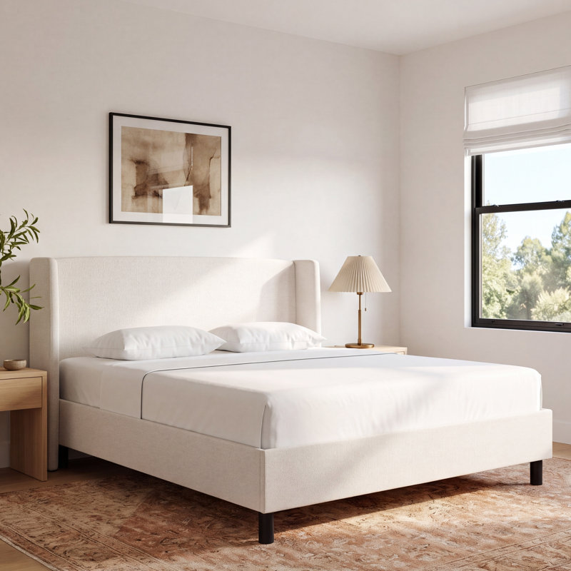 Tilly Upholstered Low Profile Platform Bed, Queen, Zuma White Textured Linen