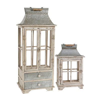 Ivory Wood and Glass Hurricane Candle Lantern Set of 2, Decorative Indoor Outdoor Floor Lanterns