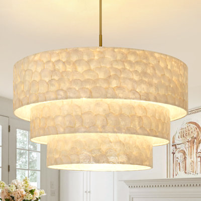 12-Light Triple-Tier Seashell Drum Pendant Chandelier with Gold Finish – Coastal Boho Ceiling Light for Dining Room, Living Room, Kitchen Island