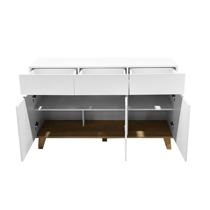 Commode blanche 3 poignées 3 tiroirs + 3 portes, armoire minimaliste en bois naturel massif