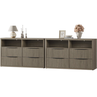  56.5"W Modern Fluted 4-Drawer Dresser With 2 Large Open Storage