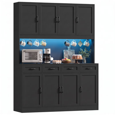 73.2"H x 59.2"W Wood Kitchen Pantry Cabinet with Adjustable Shelves, LED Lights and Power Outlets
