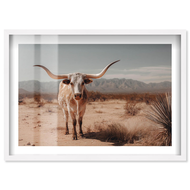 Décoration murale "Longhorn" bovins Graze par Notoriart, cadre blanc, 36 x 24, H 25 po x l 37 po, Cadre blanc