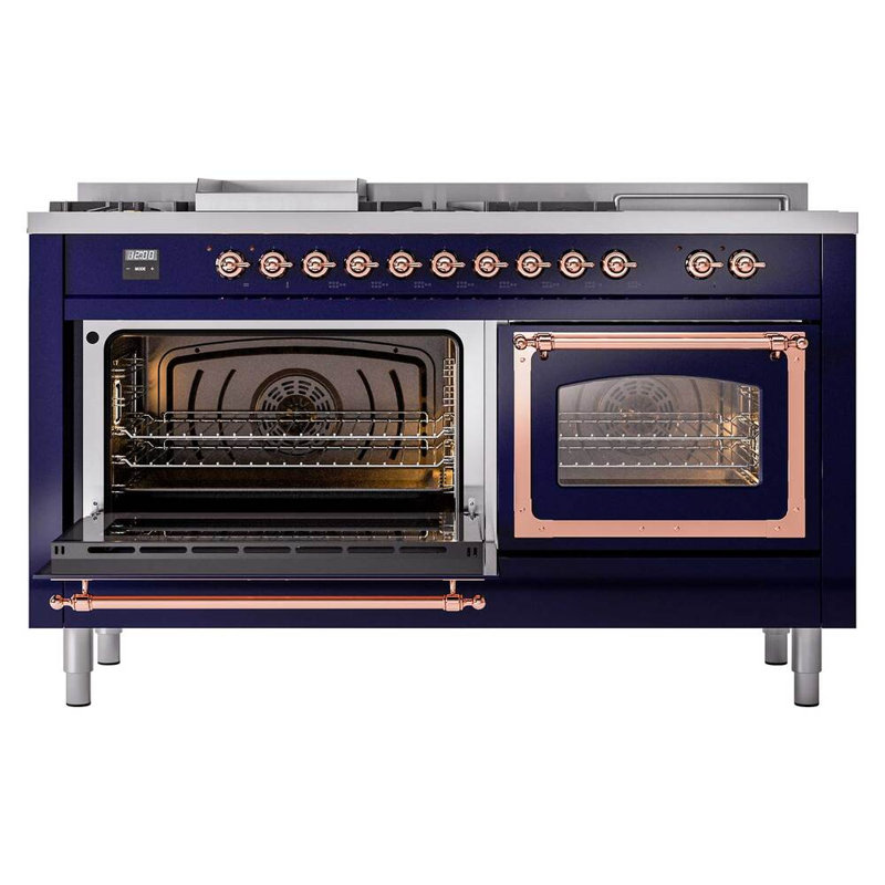 ILVE Nostalgie II Noblesse 60 in Dual Fuel Range 7 Burner, Griddle, Frenchtop, Liquid Propane, Midnight Blue/Copper