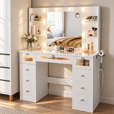 Vanity Desk with Lighted Mirror, 3 Color Modes, Glass Top, 4 Shelves & Power Outlet – Makeup Vanity Table for Bedroom