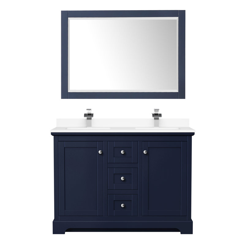 Ensemble de meuble-lavabo double 48 po avec miroir Avery, Bleu foncé, Marbre de culture blanc, Noir mat