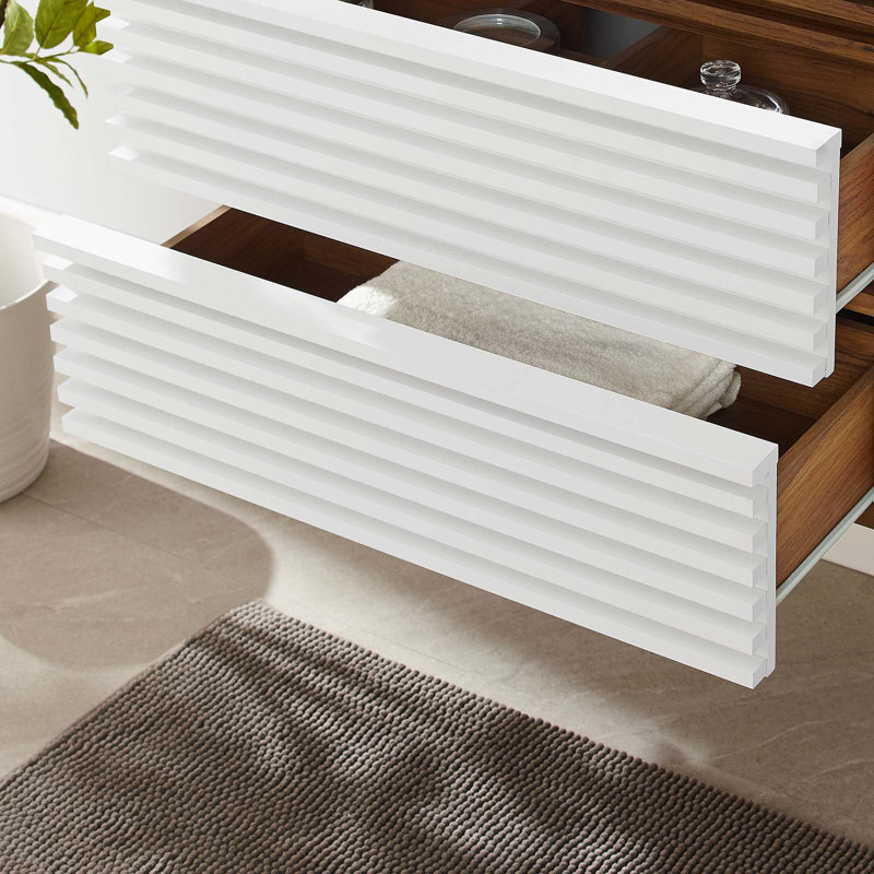 White and Walnut 30" MDF Wall-Mount Single Bathroom Vanity
