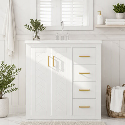 Meuble-lavabo de 76 cm avec lavabo en céramique, meuble autoportant à 1 porte et 3 tiroirs, structure en bois massif et MDF, de style moderne, vert