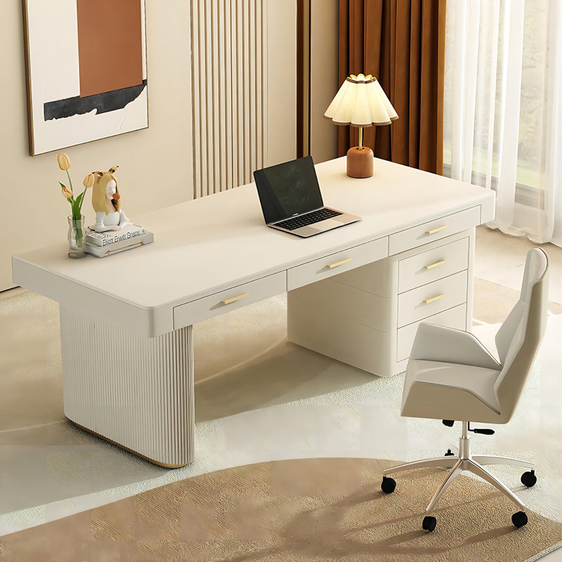 Modern Minimalist Cream Style Rectangular Sintered Stone Office Desk, 29.53" H x 62.99" W x 27.56" D