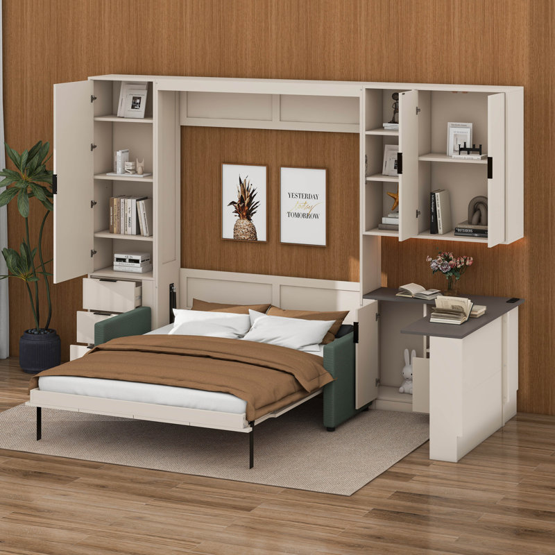 Grand lit escamotable mural avec rangement hydraulique, canapé, tablettes et tiroirs, éclairage DEL / USB, Beige