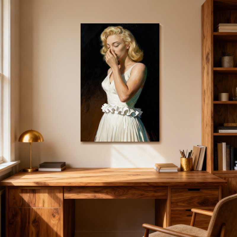 Femme à la mode en robe blanche couvrant la bouche, H 24 po x l 16 po
