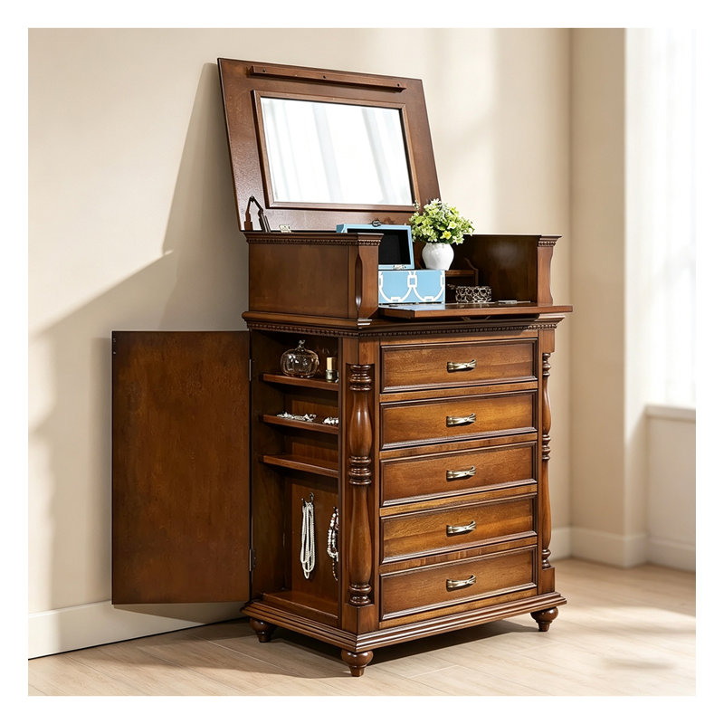 American-Style Solid Wood Five-Drawer Chest For Bedroom Makeup Table, Multi-Functional Drawer Cabinet