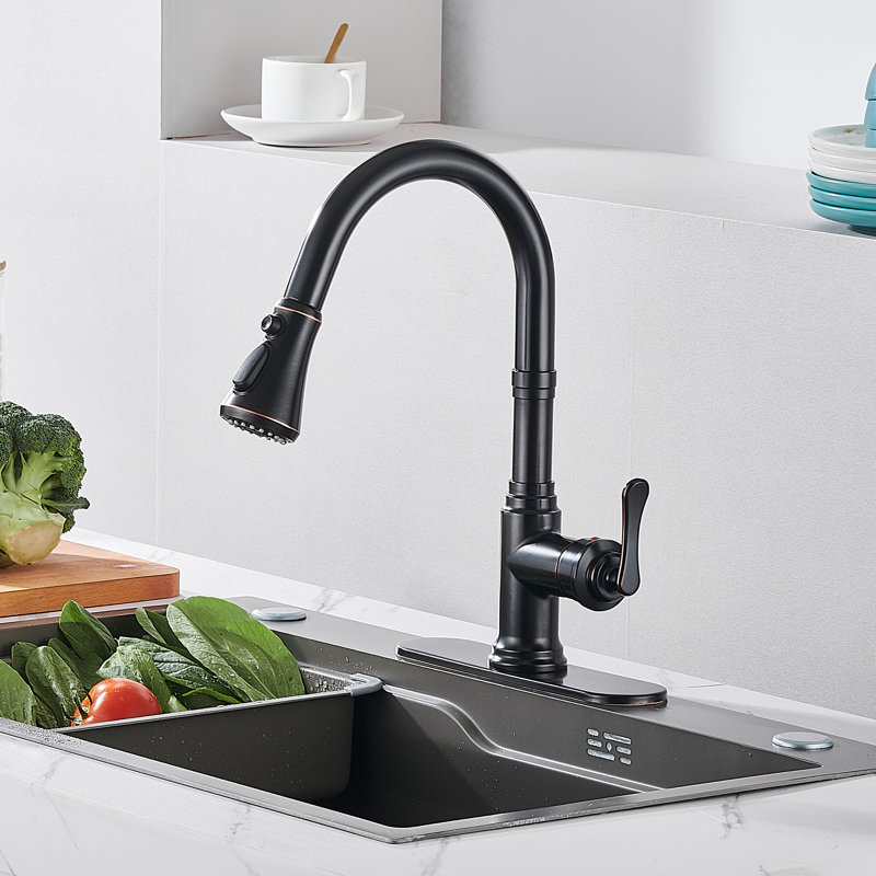 Pull Down Single Handle Kitchen Faucet with Deck Plate, Oil Rubbed Bronze