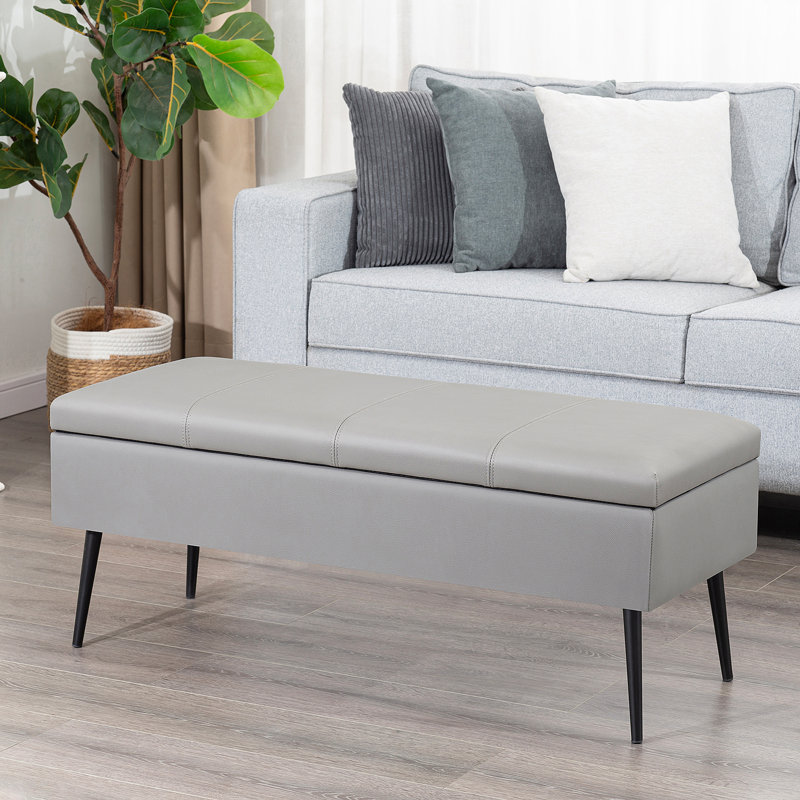 42" Faux Leather Storage Ottoman Bench With Metal Legs, Gray