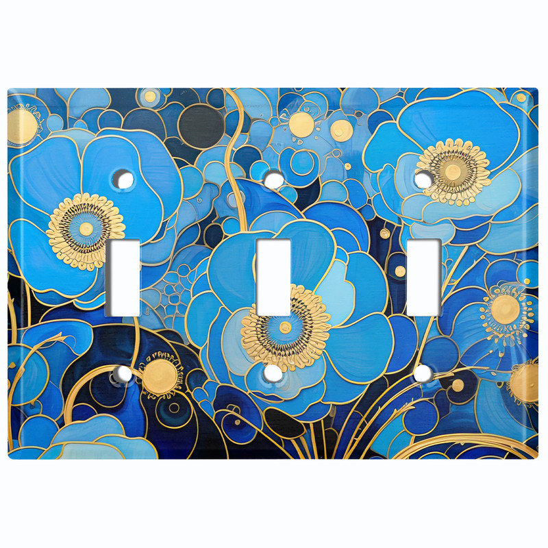 Couvercle de plaque d'interrupteur en métal; Bascule à 3 bandes US standard - Fleurs de style Klimt bleu, Triple # 3