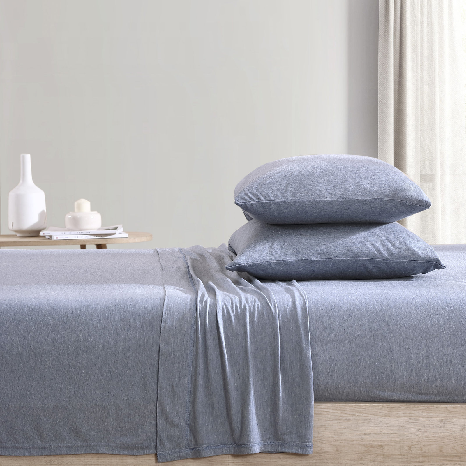 Fransen Sheet Set, Twin Sheet Set with 2 Pillowcases, Heather Blue