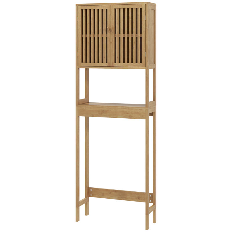 Au-dessus de la toilette, rangement de salle de bain en bambou au-dessus de la toilette avec portes à lattes et tablette réglable, naturel