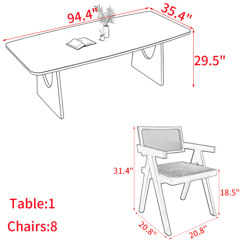 Japanese style simple solid wood table set, 29.5"H x 94.4"L x 35.4"W