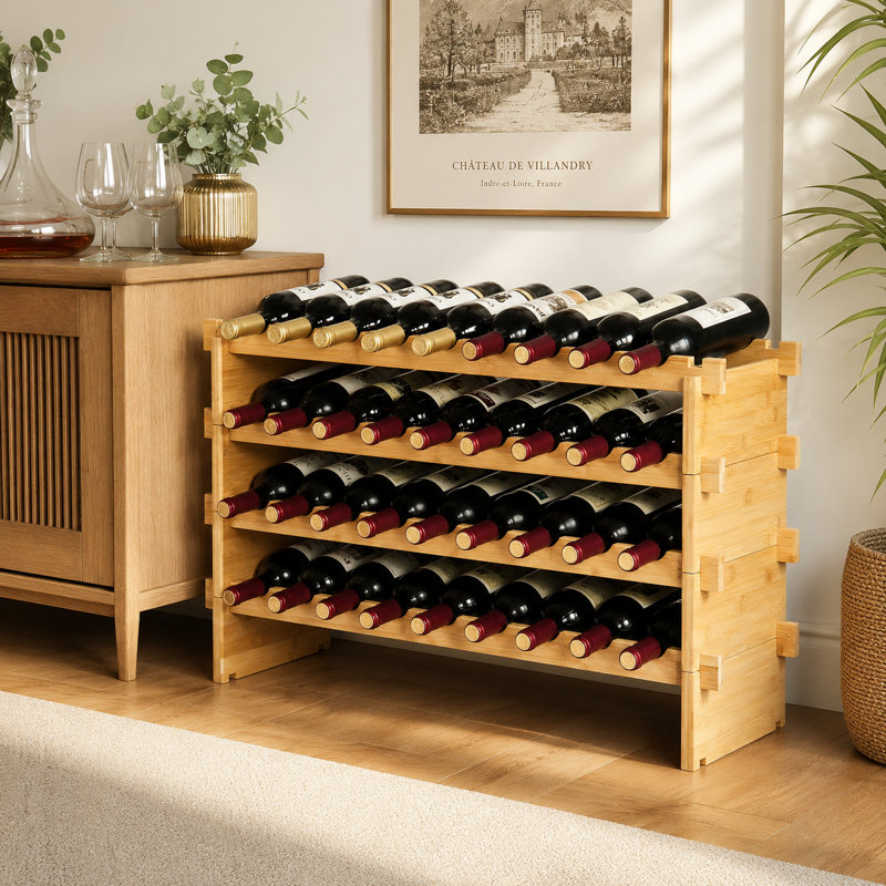 Natural Bamboo 36-Bottle 4-Tier Stackable Modular Wine Rack Tabletop Display Shelf Storage Organizer for Home Bar Kitchen Wine Cellar