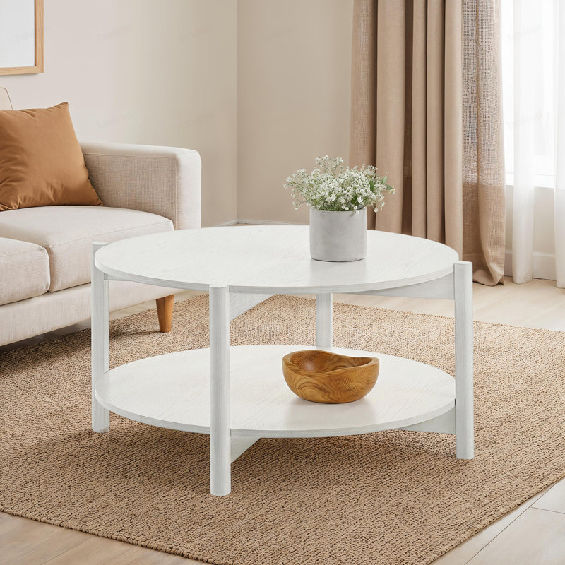 Table basse avec plateau rond et rangement ouvert, Blanc