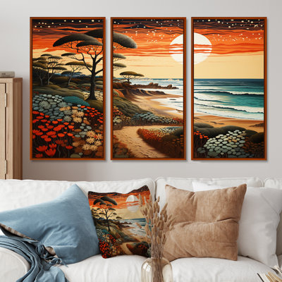 Majestic Sunset Colourful Beach Path Quiet Waves - Beach Wall Art Decor Set