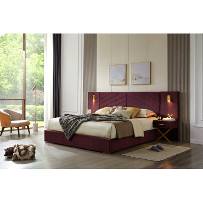 King Size Velvet Bed Frame/Vertical Channel Tufted Wingback Headboard/Upholstered Platform Bed/Strong Wooden Slats/No Box Spring Needed/Easy Assembly