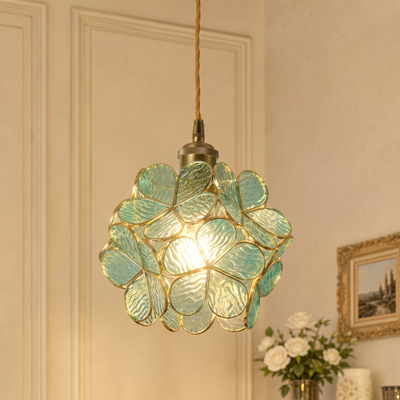 1 luminaire suspendu en forme de fleur en cuivre à intensité variable en verre bleu, Coloré, Bleu